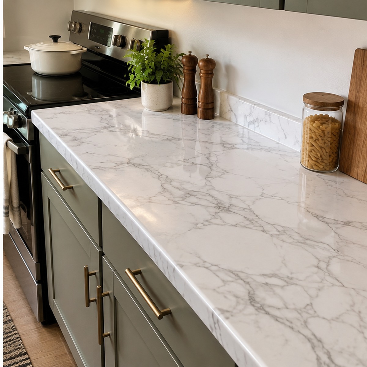 Wide white marble countertop wrap on a rental kitchen counter