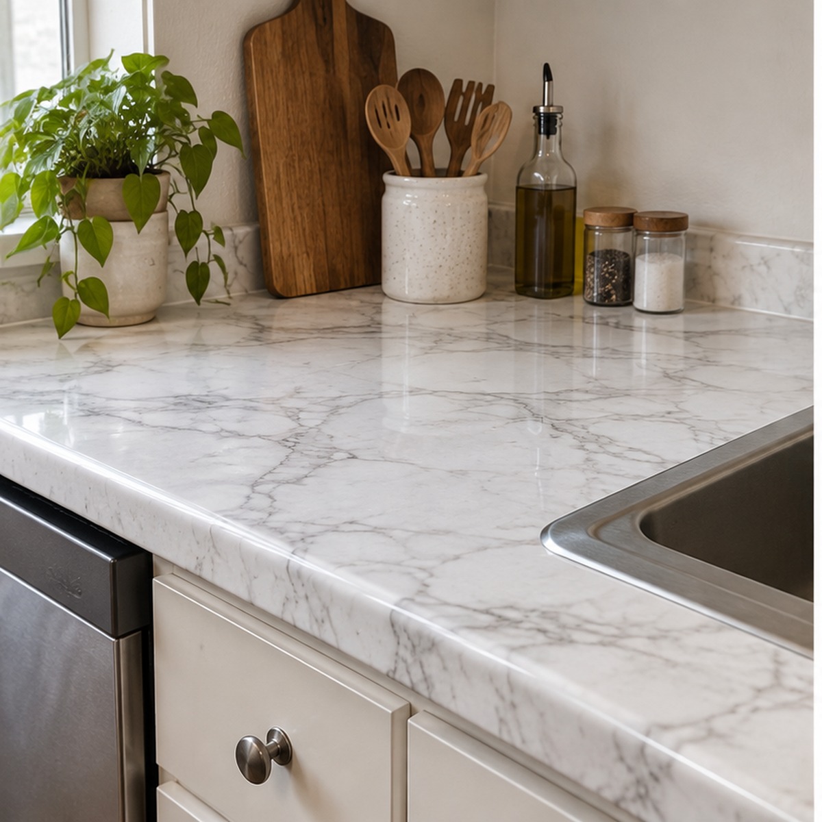 White marble contact paper on a small rental countertop