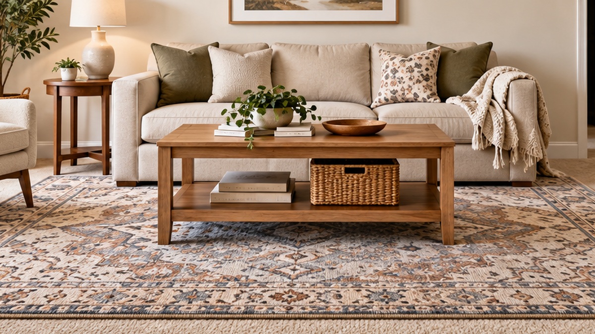 Low-profile area rug defining a seating zone over beige wall-to-wall rental carpet