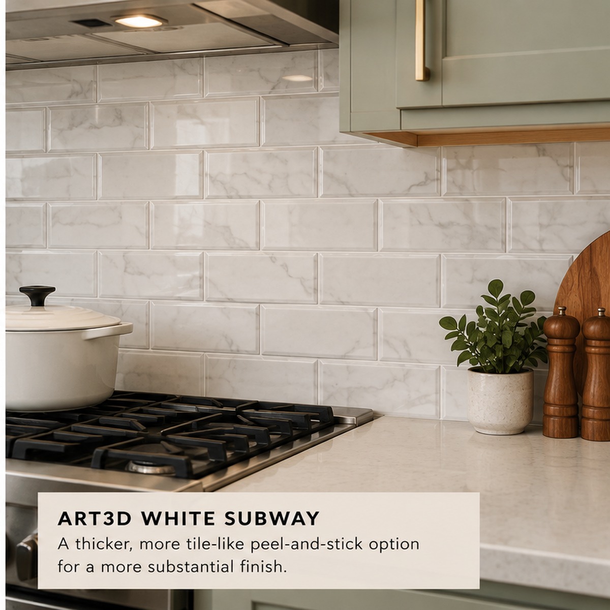 Thicker white subway peel and stick backsplash in a rental kitchen