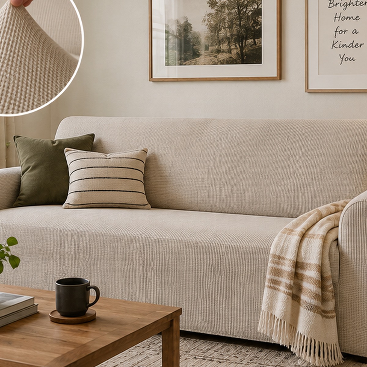 One-piece stretch slipcover on a furnished rental sofa