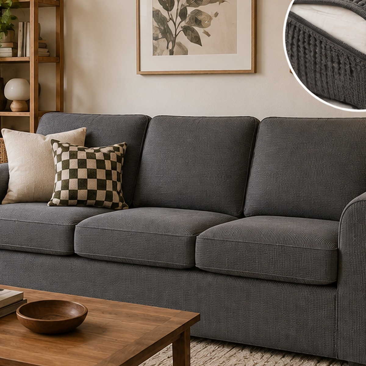 Multi-piece fitted slipcover on a three-cushion rental sofa
