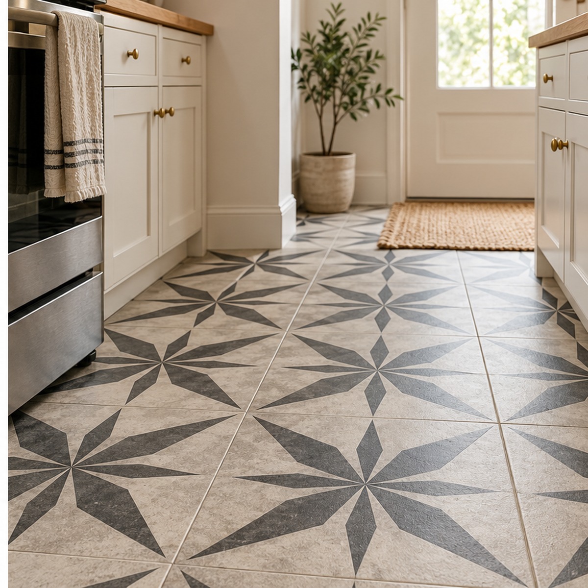 Thicker rigid SPC peel and stick floor tiles in a rental kitchen