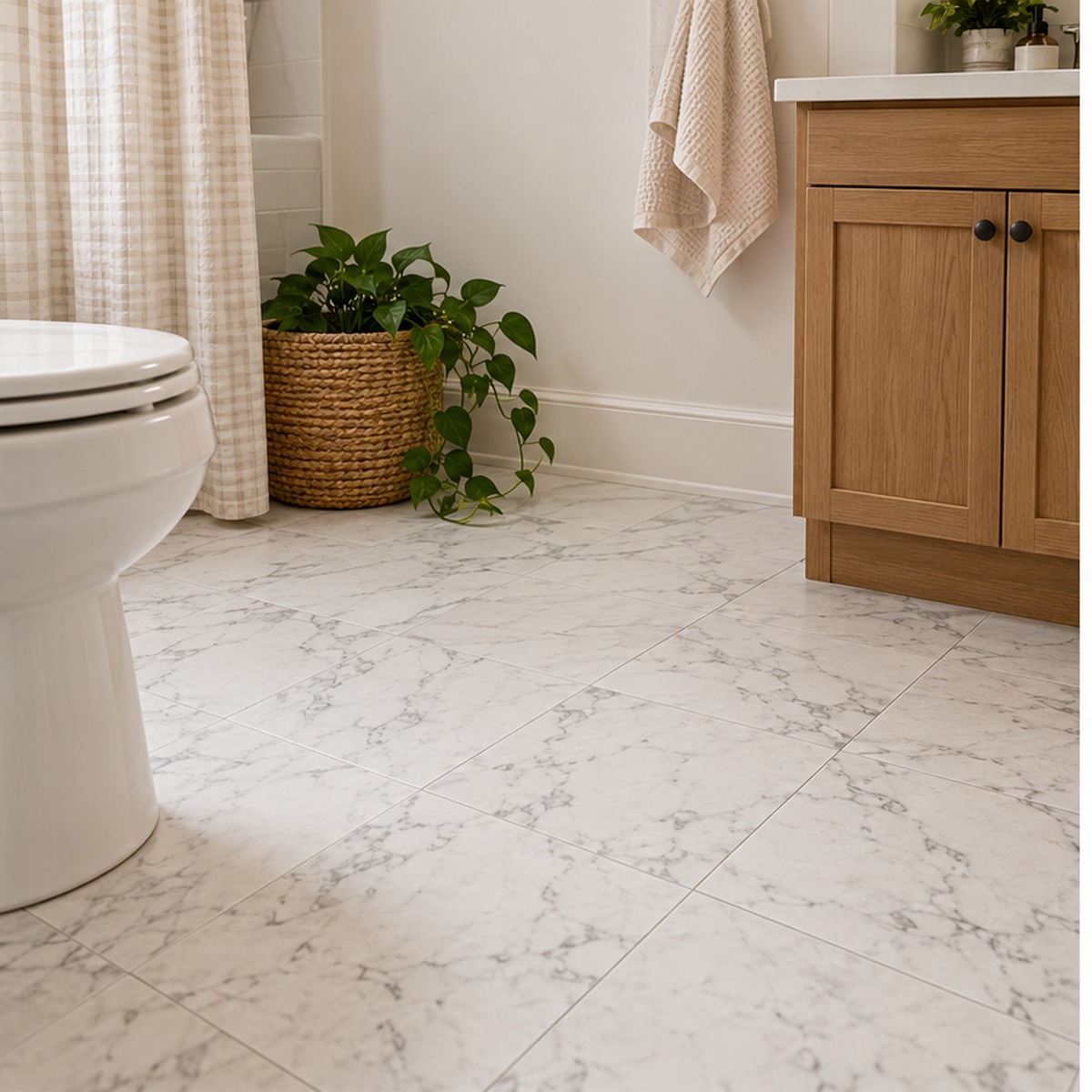 Traditional 12 inch peel and stick vinyl floor tiles in a small rental room