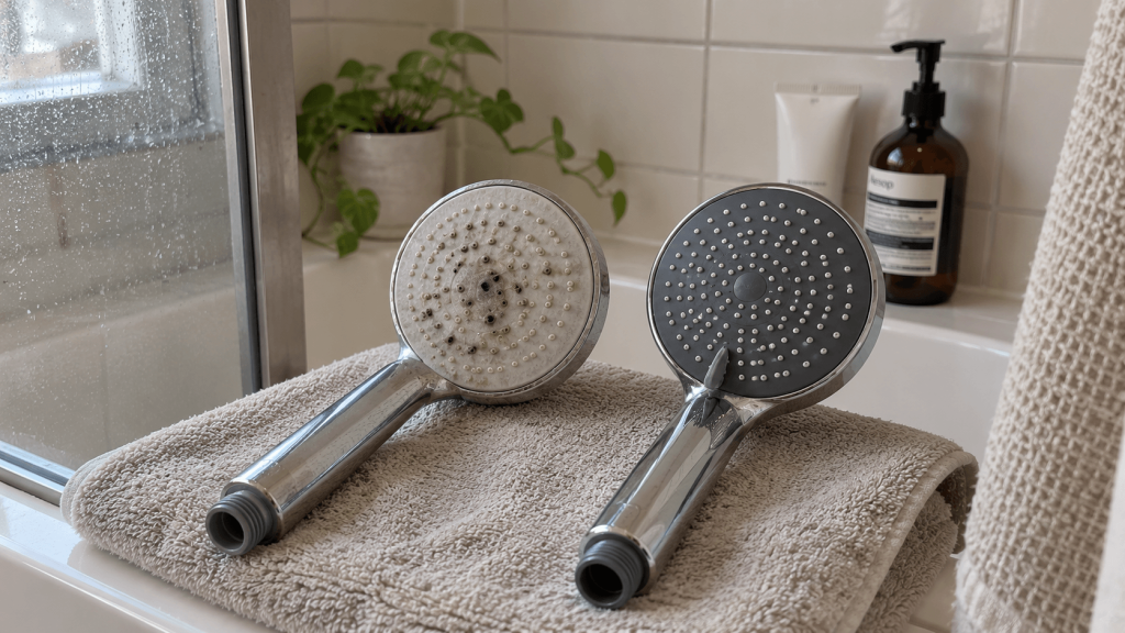 Original rental showerhead kept beside a replacement showerhead