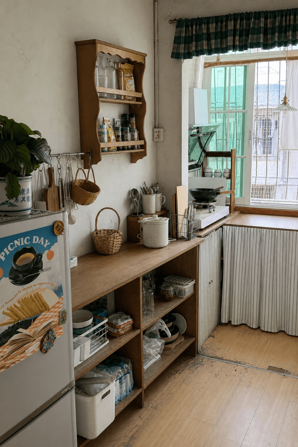 Small dated rental apartment kitchen