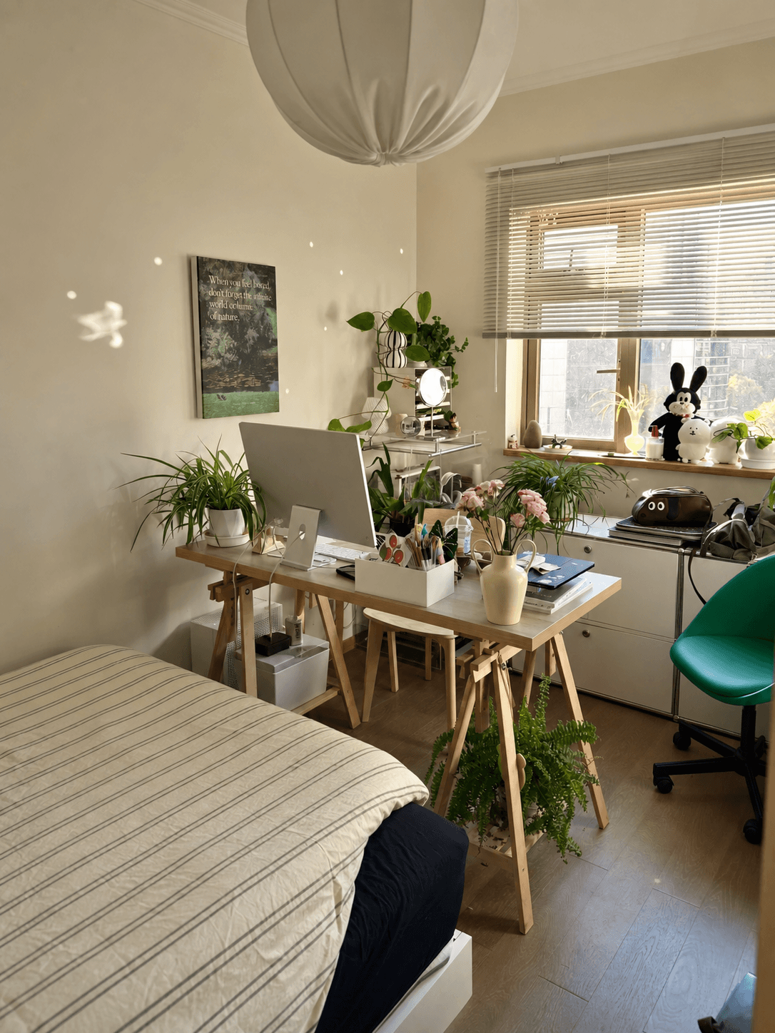 Work from home setup inside a small rental bedroom