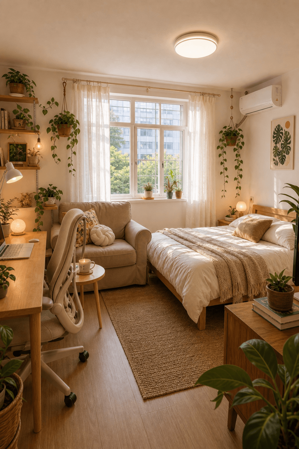 Small studio apartment used for living sleeping and working