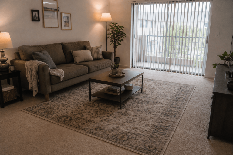 Area rug over beige wall-to-wall carpet in a rental living room