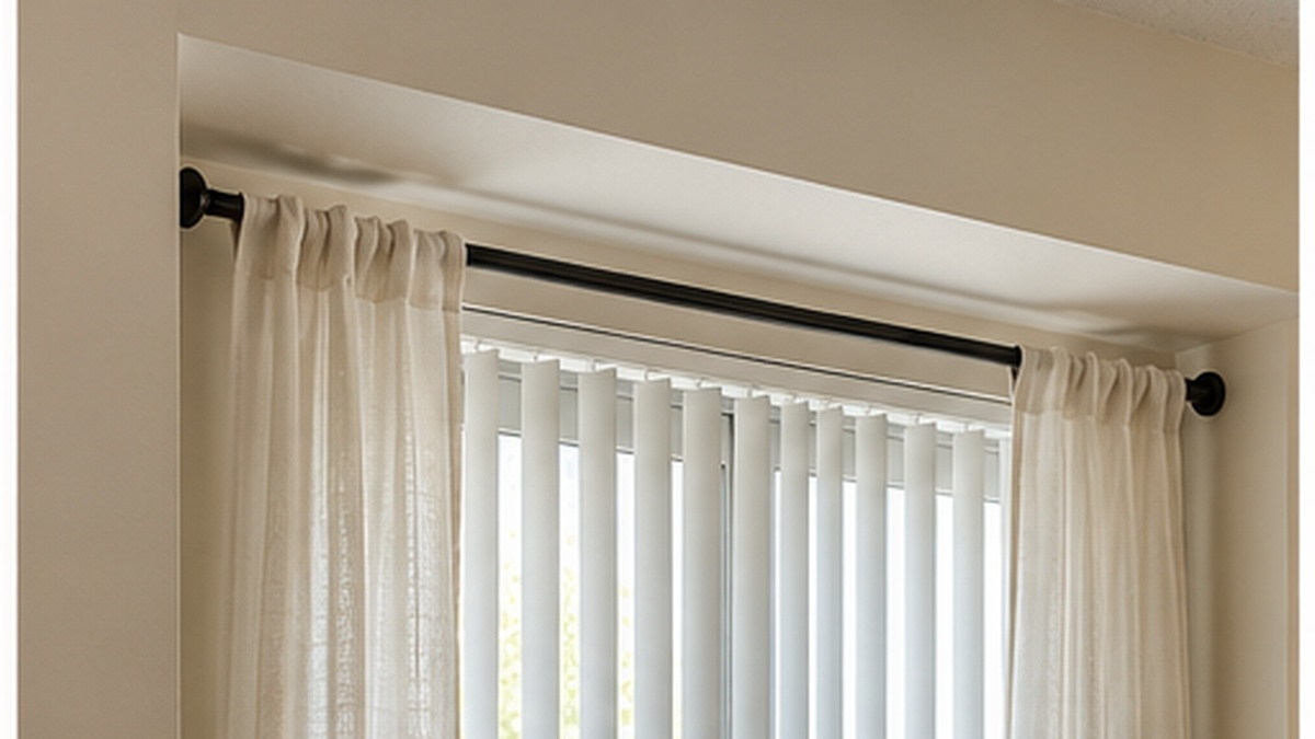 Tension curtain rod mounted between two opposing surfaces in front of vertical blinds