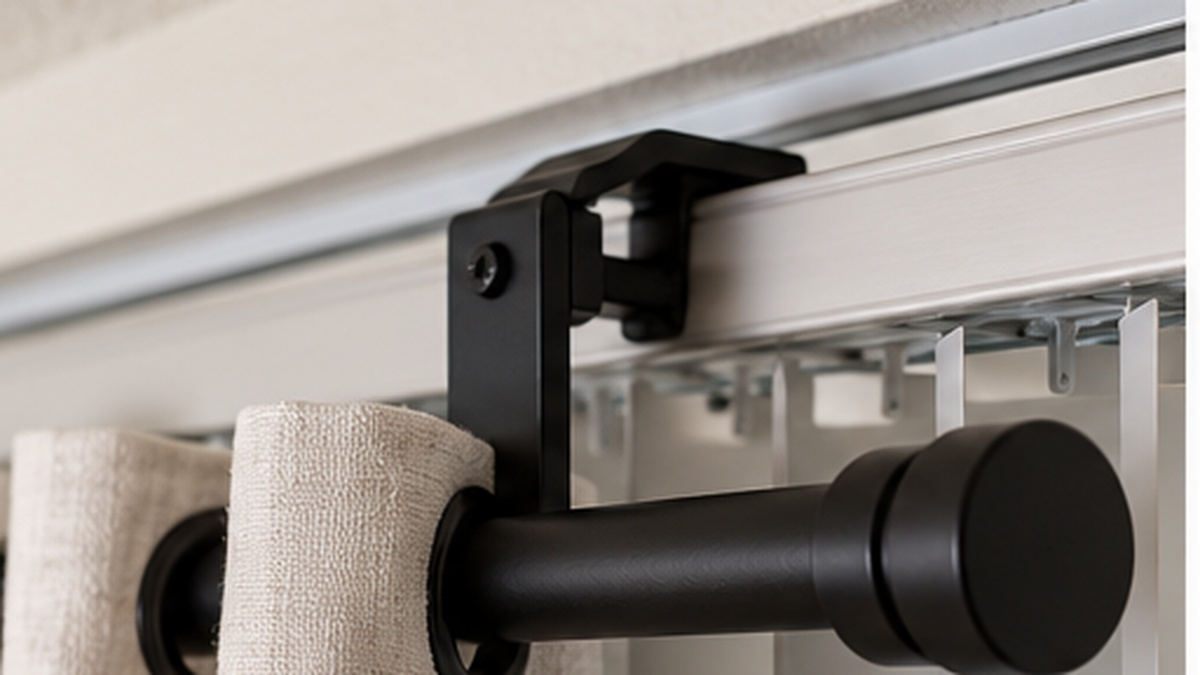 Curtain rod bracket attached separately to a vertical blind headrail in a rental apartment