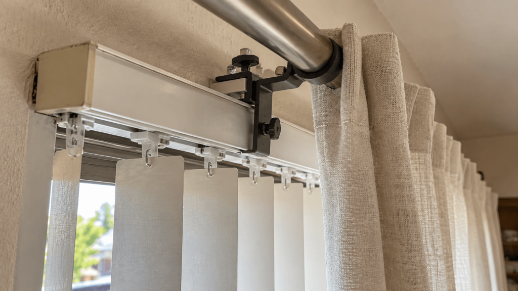 Curtain rod bracket attached separately to a vertical blind headrail