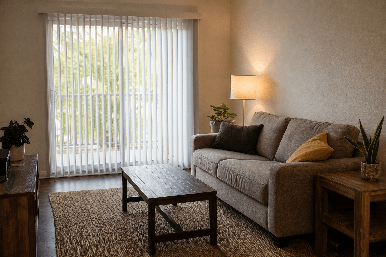 Rental living room with original vertical blinds