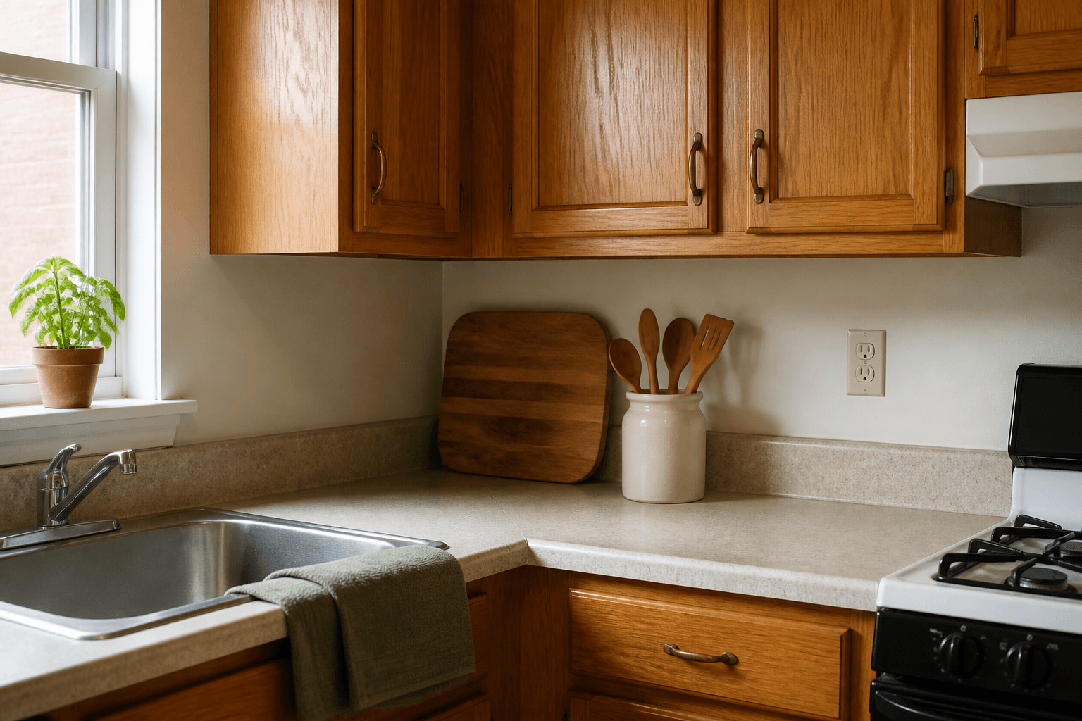 Rental kitchen with original honey oak cabinets