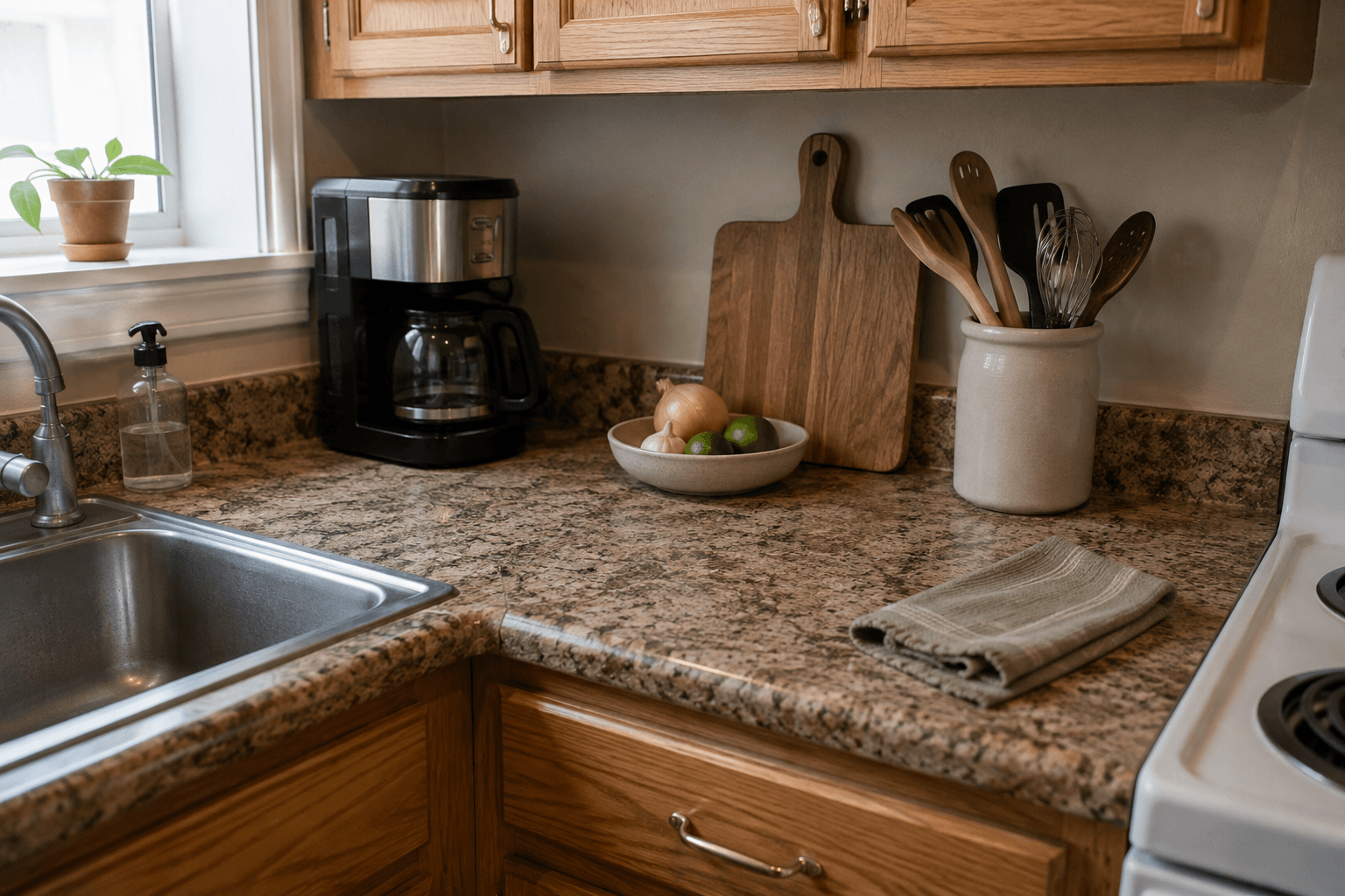 Rental kitchen with a dated brown countertop