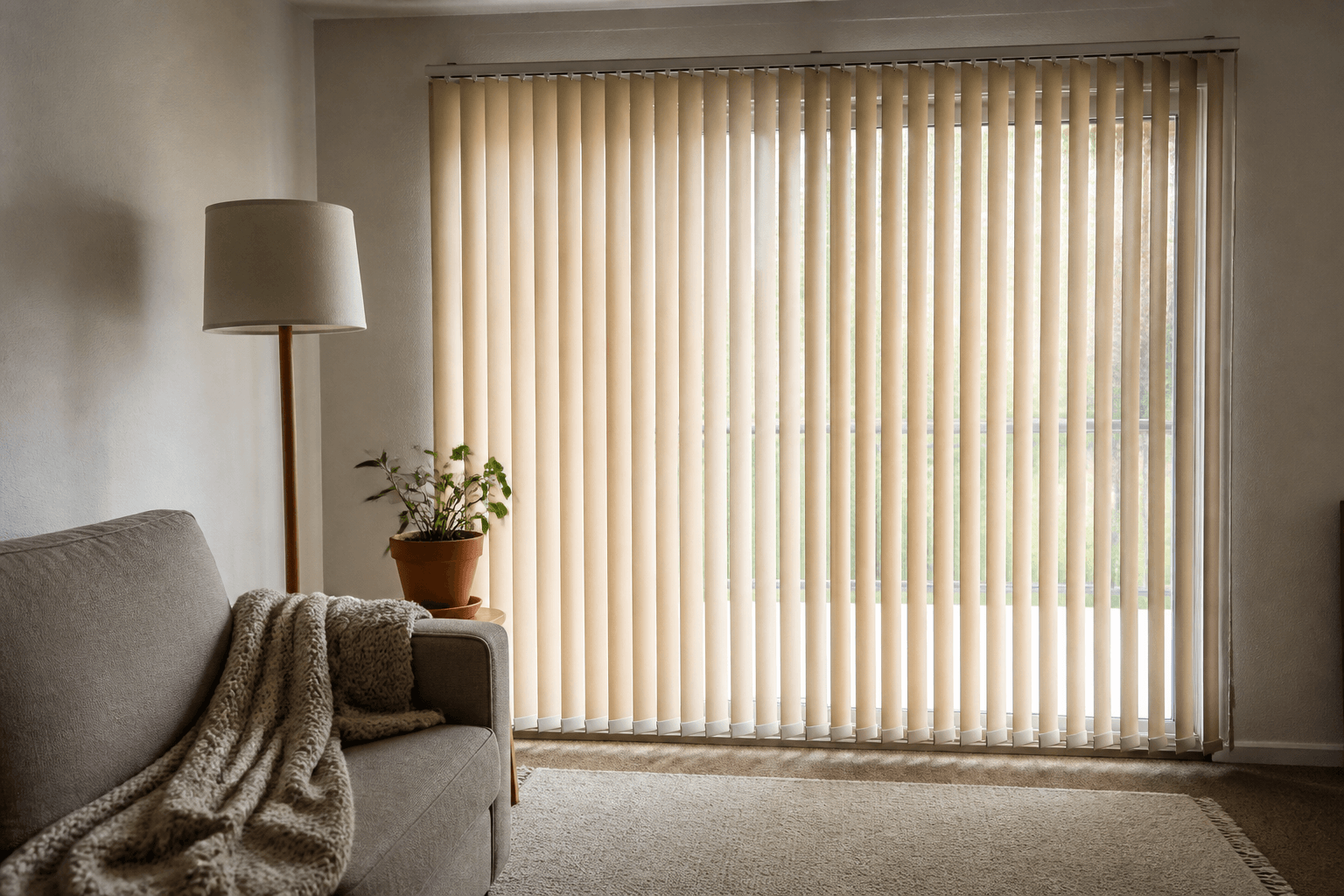 Rental window with cream vertical blinds and warm neutral furnishings