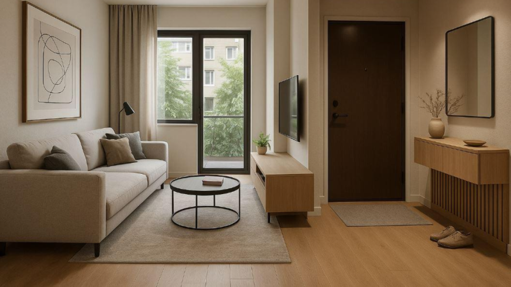 Front door opening into a small apartment living room with an entry mat and a slim wooden cabinet.