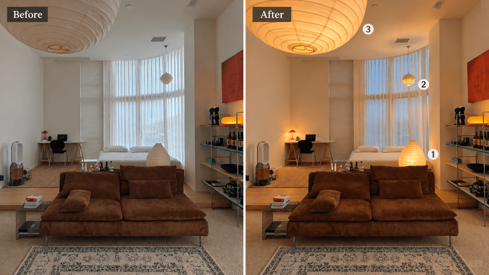 Original before-and-after photographs of an apartment living and sleeping area, with lighting positions numbered on the after image