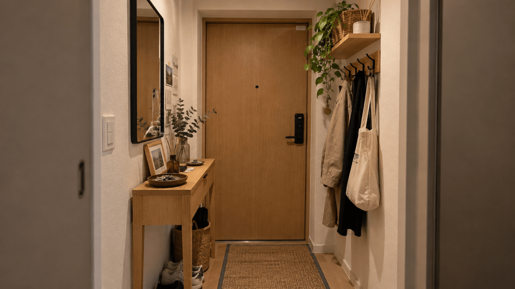 Narrow apartment entryway with a light oak console table, mirror, and wall hooks.
