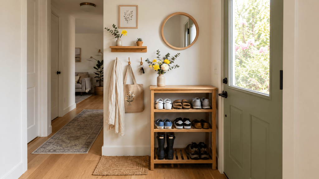 Open wooden shoe rack storing everyday shoes beside a small apartment front door.