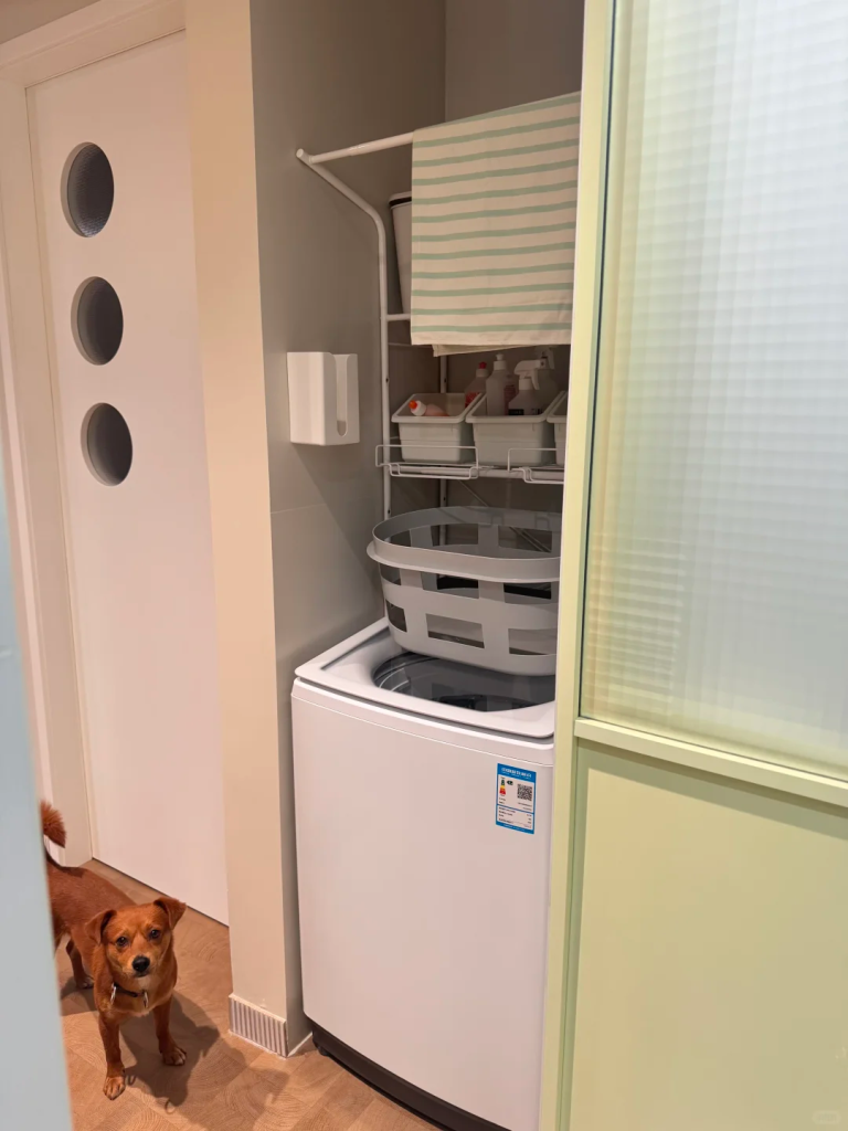Compact top-loading washer in a laundry nook with overhead shelving, storage baskets, and cleaning supplies.