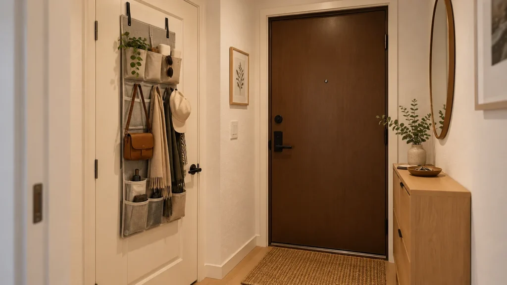 Fabric over-door organizer holding accessories on an interior door near a small rental entryway.