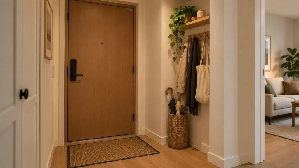 Recessed corner beside an apartment front door with a woven umbrella basket and coat hooks.