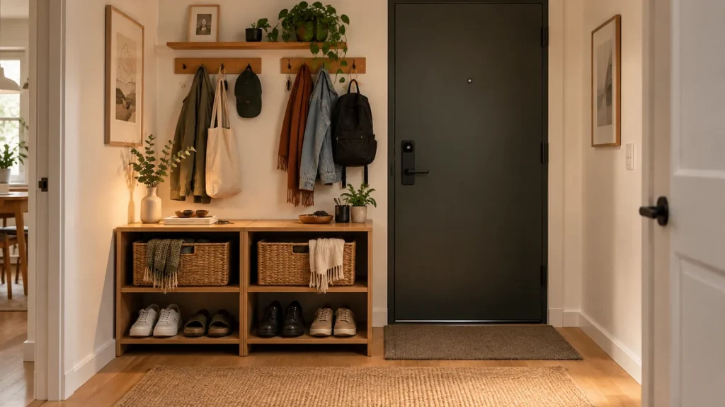 Shared apartment entryway with two low storage cubbies, baskets, shoes, and separate coat hooks.