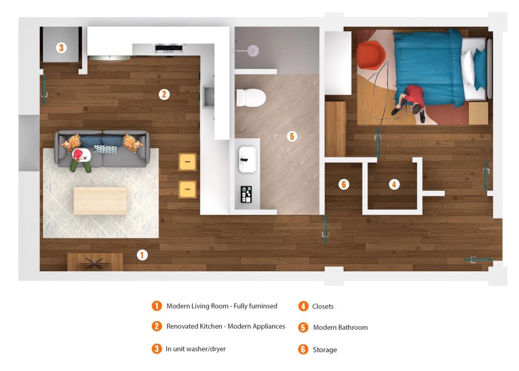 Apartment floor plan showing lighting needs and fixture locations in the living room, bedroom, kitchen, and entryway.