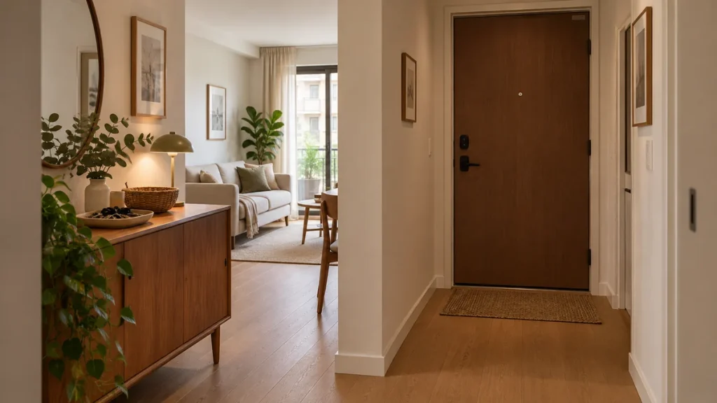 Clear apartment entrance with a key tray on an existing sideboard farther inside the living space.