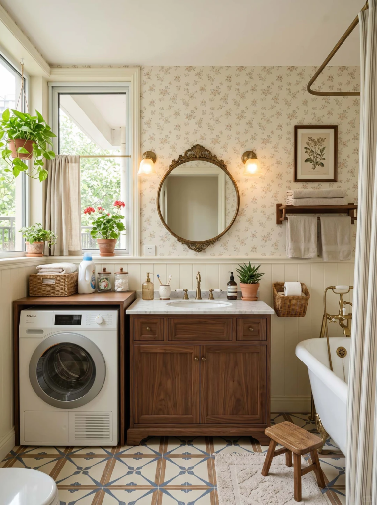 Front-loading washer beneath a wooden counter in a vintage-style bathroom with floral wallpaper and patterned tiles.