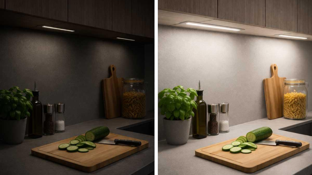 Side-by-side illustration of a rental kitchen counter with shadows from overhead lighting and improved task lighting beneath the cabinets.