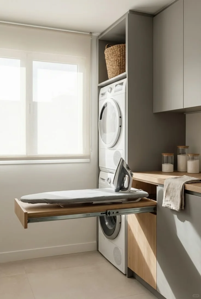 Pull-out ironing board extended beside a stacked washer and dryer in a bright laundry room with built-in cabinetry.