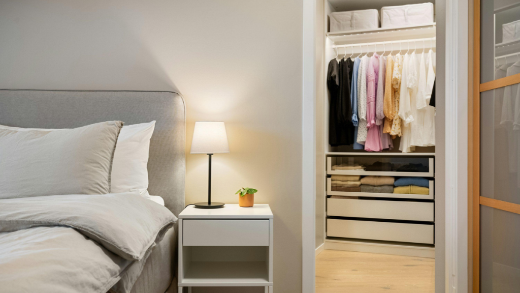 Rental bedroom showing a lit bedside area and additional lighting near an open clothes closet.