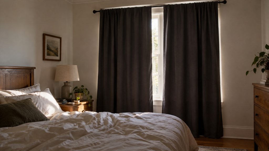 Dark bedroom curtains with a gap between the panels allowing daylight through.